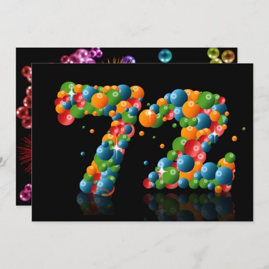 72e verjaardagsfeest, met bubbels en ballen kaart (Voorkant / Achterkant)