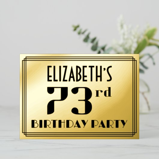73e verjaardag: Art Deco Kijk "73" en naam Folie Uitnodiging (Staand Voorkant)