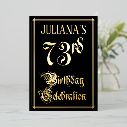 73e verjaardag — Fancy script en aangepaste naam Folie Uitnodiging (Staand Voorkant)