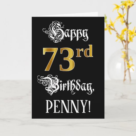 73e verjaardag — Fancy script; Faux Gold Kijk; naa Kaart (Gele Bloem)