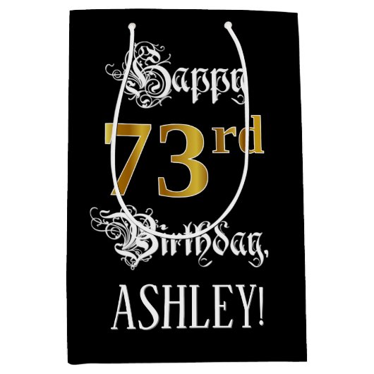 73e verjaardag ~ Fancy script; Faux Gold look; naa Medium Cadeauzakje (Voorkant)