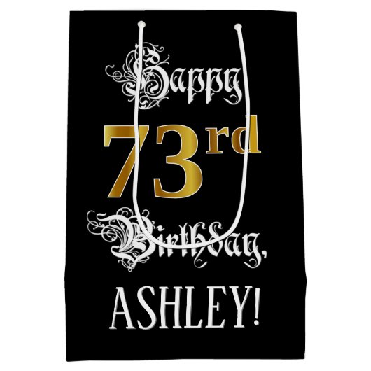 73e verjaardag ~ Fancy script; Faux Gold look; naa Medium Cadeauzakje (Achterkant)