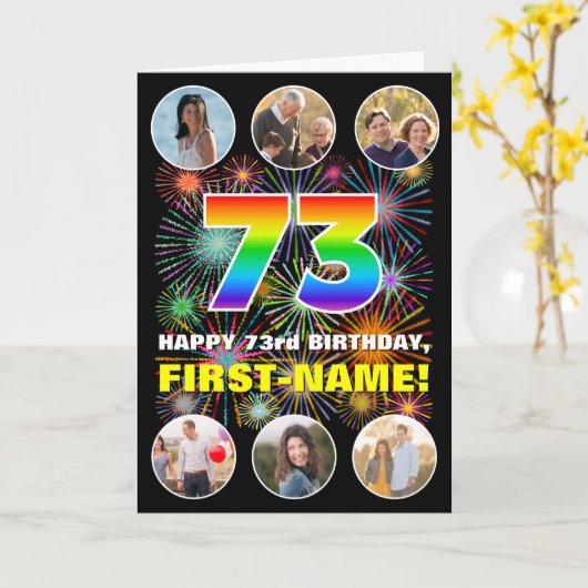 73e verjaardag: Fun Rainbow #, aangepaste naam & f Kaart (Gele Bloem)