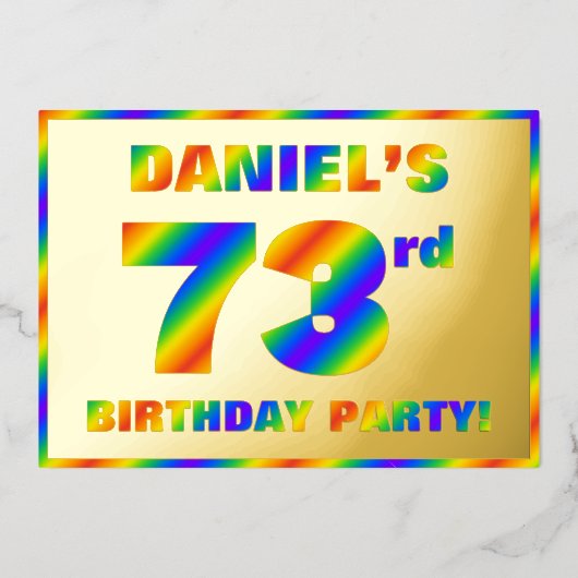 73e verjaardag - Fun, regenboogspectrum "73" Folie Uitnodiging (Voorkant)