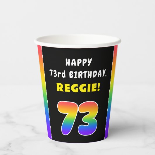 73e verjaardag: kleurrijke regenboog # 73, aangepa papieren bekers (Achterkant)