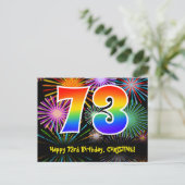 73e Verjaardag – Leuke Vuurwerk Patroon + Regenboo Briefkaart (Staand voorkant)