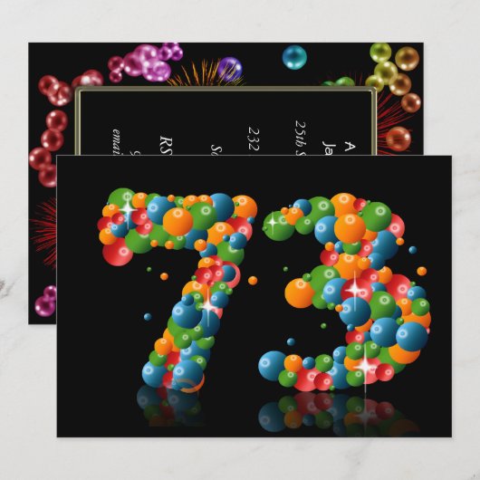 73e verjaardag, met bellen en ballen kaart (Voorkant / Achterkant)