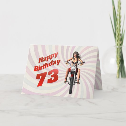 73e verjaardag met een motormeisje kaart (Voorkant)