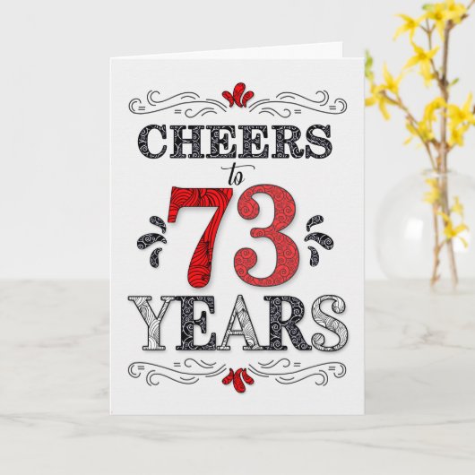 73e verjaardag Proost in rood wit zwart patroon Kaart (Gele Bloem)