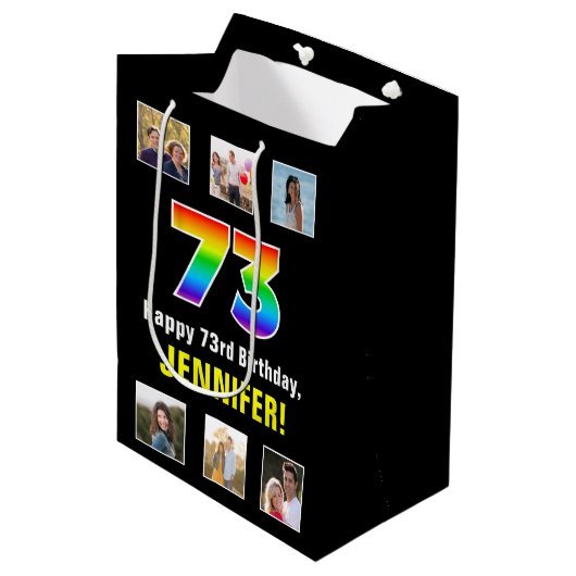 73e verjaardag: Regenboog "73", aangepaste foto's  Medium Cadeauzakje (Voorkant Gekanteld)