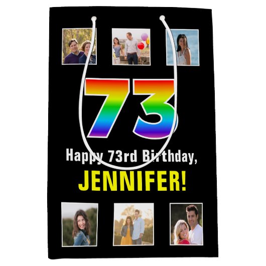 73e verjaardag: Regenboog "73", aangepaste foto's  Medium Cadeauzakje (Voorkant)