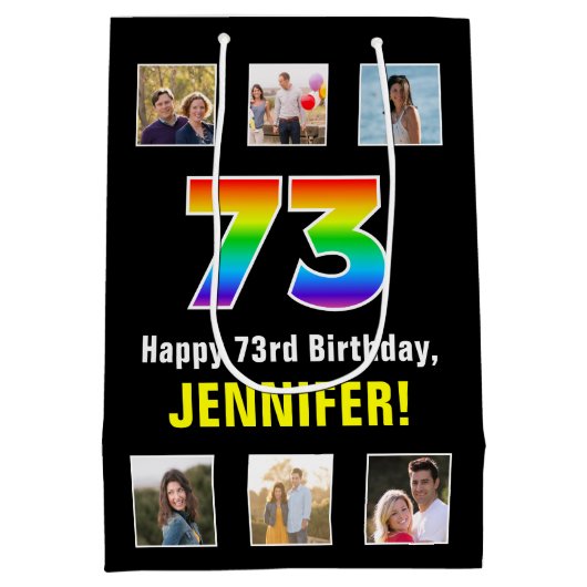 73e verjaardag: Regenboog "73", aangepaste foto's  Medium Cadeauzakje (Achterkant)