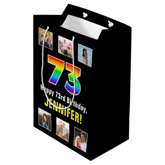 73e verjaardag: Regenboog "73", aangepaste foto's  Medium Cadeauzakje (Achterkant Gekanteld)