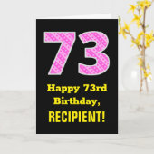 73e verjaardag: roze strepen en harten "73" + naam kaart (Gele Bloem)