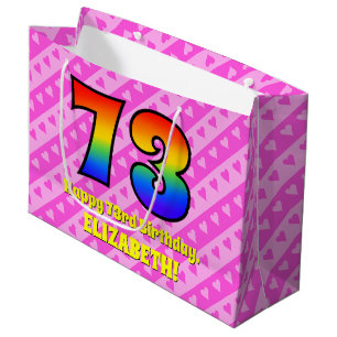 73e verjaardag: roze strips & harten, regenboognr. groot cadeauzakje