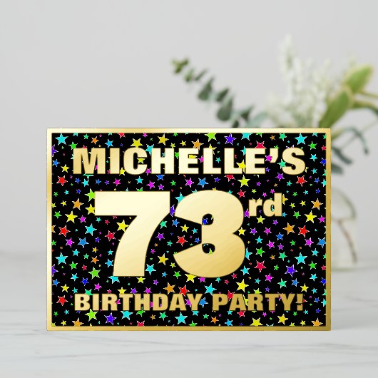 73e verjaardag van de Vreugde - Fun, kleurrijk ste Folie Uitnodiging (Staand Voorkant)