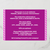 73e verjaardagsfeest — Moedig, Leuk, Roze Strepen Folie Uitnodiging (Achterkant)