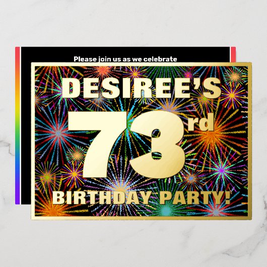 73e Verjaardagsfeest — Pret, Kleurrijke Vuurwerk U Folie Uitnodiging (Voorkant / Achterkant)