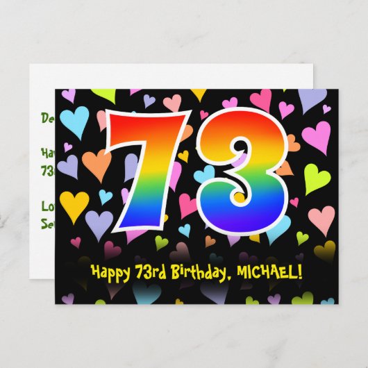 73ste verjaardag: Fun Hearts Pattern, Rainbow 73 Briefkaart (Voorkant / Achterkant)