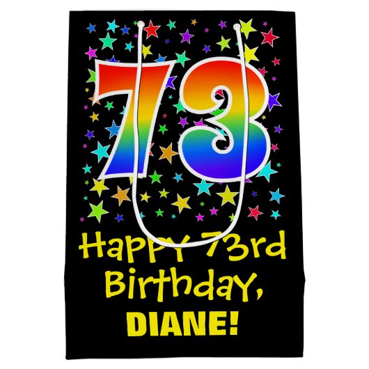 73ste verjaardag: Kleurrijke Sterren Patroon & Reg Medium Cadeauzakje (Achterkant)