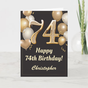 74e Birthday Black en Gold Balloons Confetti Kaart
