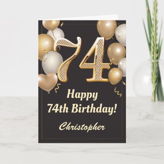 74e Birthday Black en Gold Balloons Confetti Kaart (Voorkant)