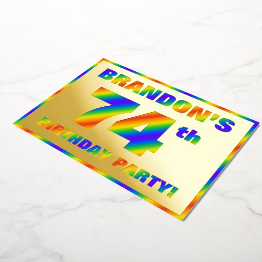 74e Birthday Party — Fun, regenboogspectrum "74" Folie Uitnodiging (Gedraaid)