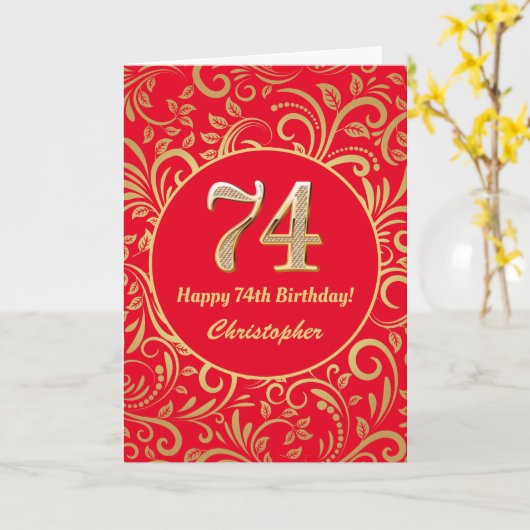 74e Birthday Red en Gold Floral Pattern Kaart (Gele Bloem)