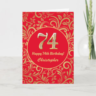 74e Birthday Red en Gold Floral Pattern Kaart
