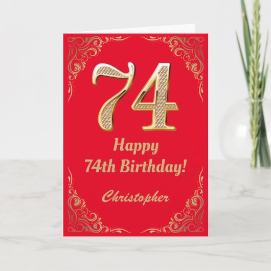 74e Birthday Red en Gold Glitter Lijst Kaart (Voorkant)