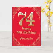 74e Birthday Red en Gold Glitter Lijst Kaart (Gele Bloem)