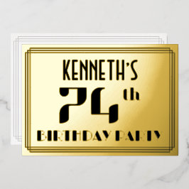 74e verjaardag: Art Deco Kijk "74" en naam Folie Uitnodiging