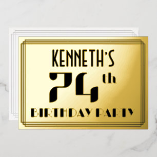 74e verjaardag: Art Deco Kijk "74" en naam Folie Uitnodiging