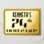 74e verjaardag: Art Deco Kijk "74" en naam Folie Uitnodiging (Voorkant)