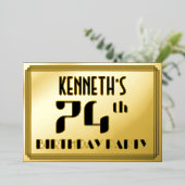 74e verjaardag: Art Deco Kijk "74" en naam Folie Uitnodiging (Staand Voorkant)