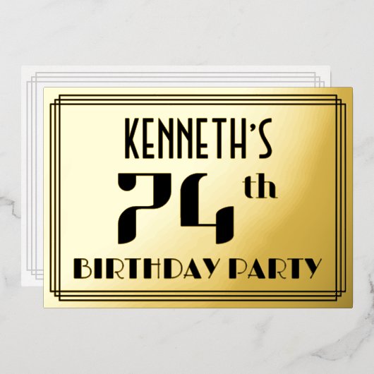 74e verjaardag: Art Deco Kijk "74" en naam Folie Uitnodiging (Voorkant / Achterkant)
