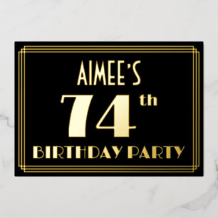 74e verjaardag: Art Deco Kijk "74", met naam Folie Uitnodiging