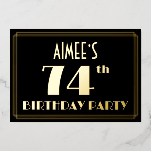 74e verjaardag: Art Deco Kijk "74", met naam Folie Uitnodiging (Voorkant)