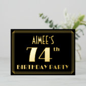 74e verjaardag: Art Deco Kijk "74", met naam Folie Uitnodiging (Staand Voorkant)