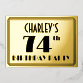 74e verjaardag — Art Deco look "74" + naam Folie Uitnodiging (Voorkant)