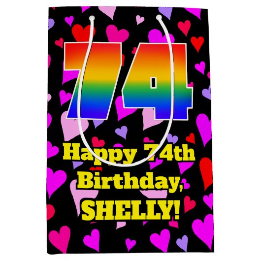 74e verjaardag: Beeldende harten Patroon, Regenboo Medium Cadeauzakje (Voorkant)