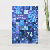 74e verjaardag, blauwe vierkanten, kaart (Voorkant)