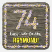 74e verjaardag: Bloemennummer, Faux Wood Look, Naa Vierkante Sticker (Voorkant)