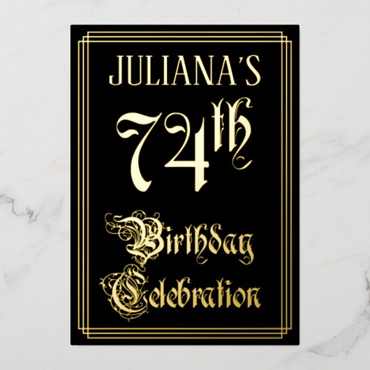 74e verjaardag — Fancy script en aangepaste naam Folie Uitnodiging (Voorkant)