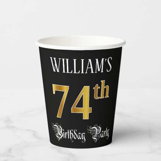 74e verjaardag — Fancy script, Faux Gold look Papieren Bekers (Achterkant)