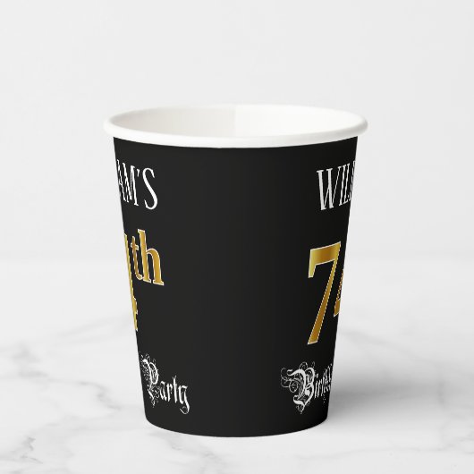 74e verjaardag — Fancy script, Faux Gold look Papieren Bekers (Links)