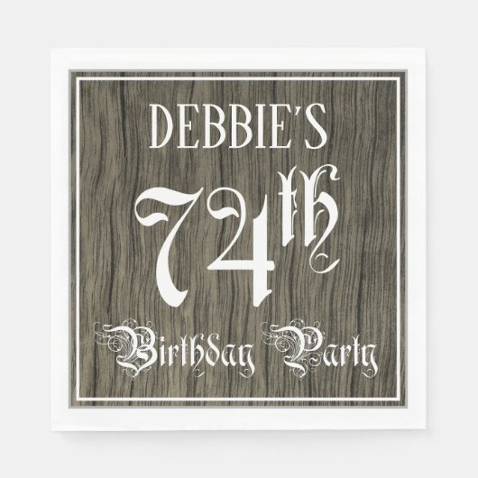 74e verjaardag — Fancy script, Faux Wood Kijk Servet (Voorkant)