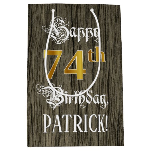 74e verjaardag: Faux Gold look & Faux Wood Pattern Medium Cadeauzakje (Voorkant)