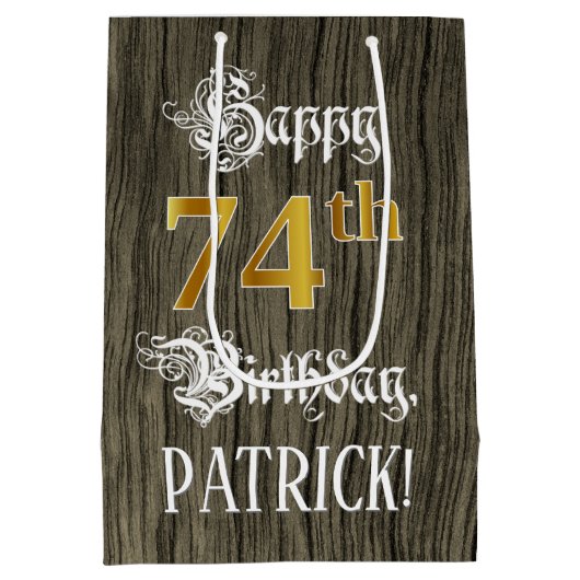 74e verjaardag: Faux Gold look & Faux Wood Pattern Medium Cadeauzakje (Achterkant)