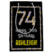 74e verjaardag: Floral Flowers Number, Custom Name Medium Cadeauzakje (Voorkant)